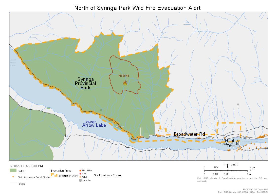 RDCK issues evacuation alerts for Syringa, near Deer Park, along Arrow Lakes area and parts of Robson